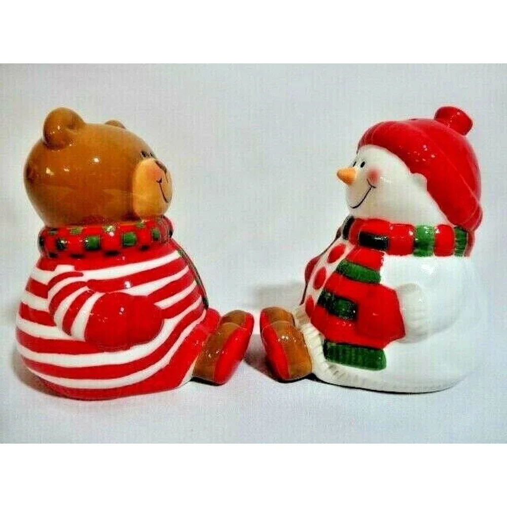 Sitting Bear Snowman Salt Pepper Shakers Ceramic Christmas Winter Serveware Gift